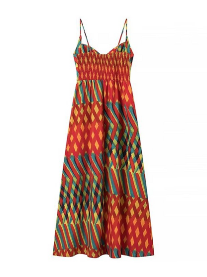 Vacation Dresses- Geometric Print Cami Maxi Dress- - IndioGear.com