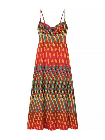 Vacation Dresses- Geometric Print Cami Maxi Dress- Red- IndioGear.com