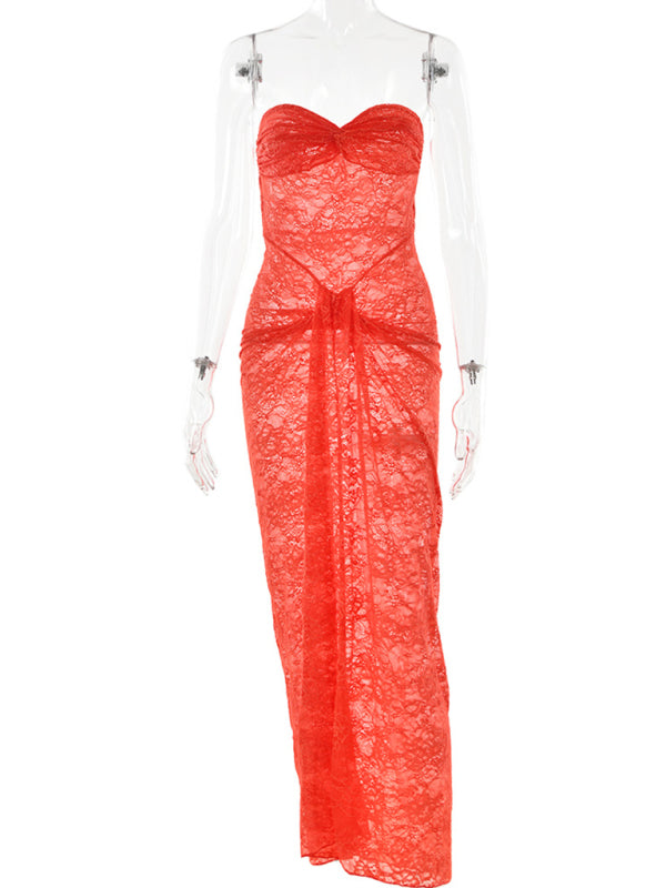 Vacation Dresses- Runway Sheer Lace Strapless Knot Dress- Orange- IndioGear Women Clothing