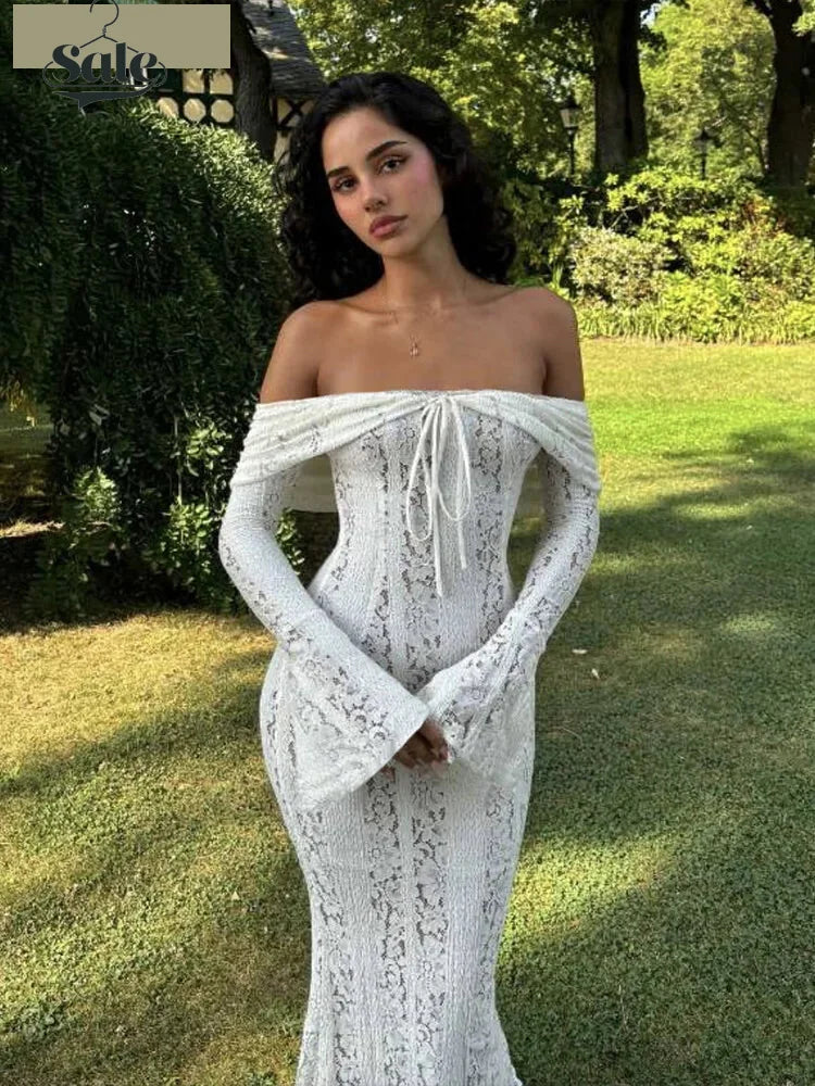 Vacation Dresses- Sheer Lace Off-Shoulder Draped Maxi Dress- White- IndioGear Women Clothing