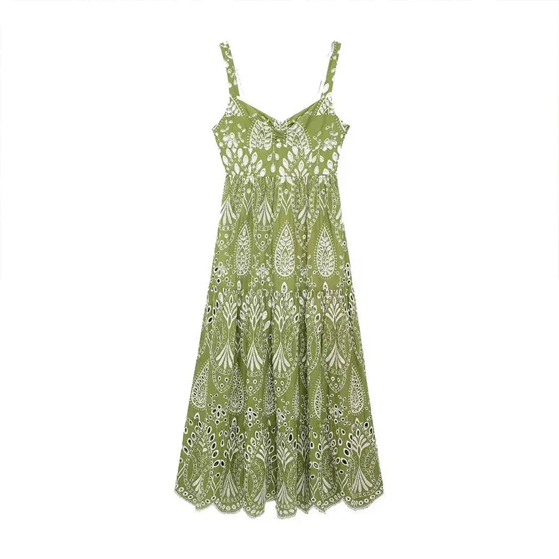 Vacation Dresses- Spring Elegance Embroidery Floral Midi Dress- - IndioGear.com