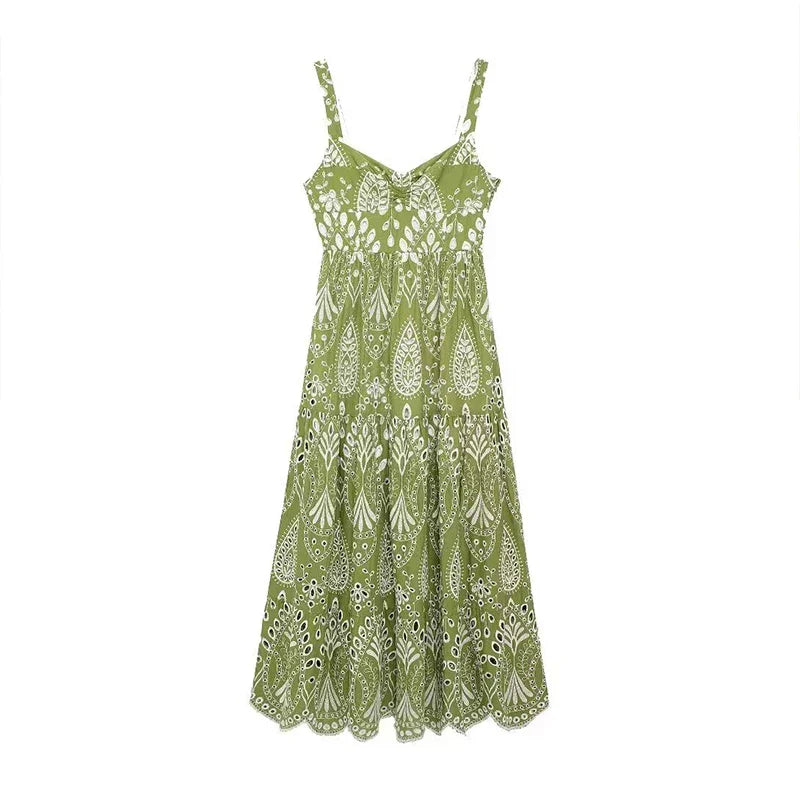 Vacation Dresses- Spring Elegance Embroidery Floral Midi Dress- Green- IndioGear.com