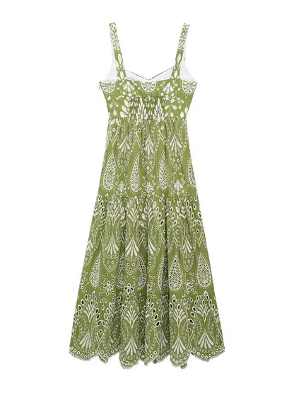 Vacation Dresses- Spring Elegance Embroidery Floral Midi Dress- - IndioGear.com