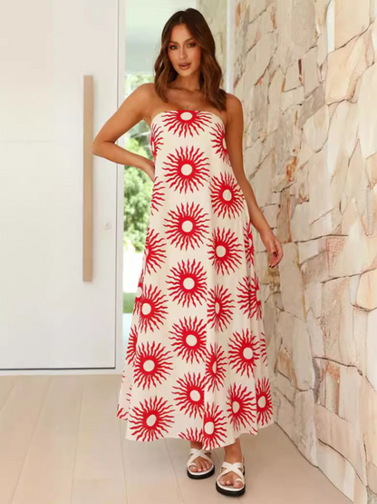 Vacation Dresses- Strapless Tunic Maxi Dress with Fruity Print for Honeymooners- Cream- IndioGear.com