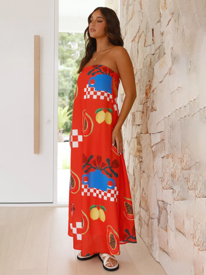 Vacation Dresses- Strapless Tunic Maxi Dress with Fruity Print for Honeymooners- - IndioGear.com