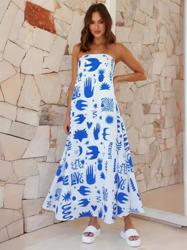 Vacation Dresses- Strapless Tunic Maxi Dress with Fruity Print for Honeymooners- - IndioGear.com