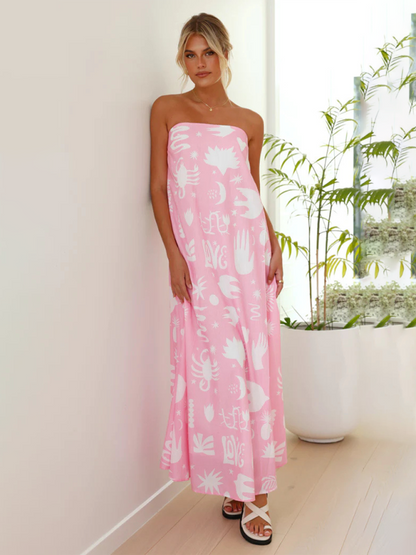 Vacation Dresses- Strapless Tunic Maxi Dress with Fruity Print for Honeymooners- - IndioGear.com