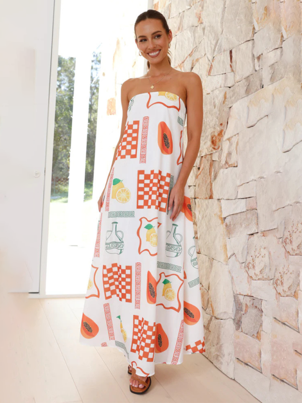 Vacation Dresses- Strapless Tunic Maxi Dress with Fruity Print for Honeymooners- - IndioGear.com