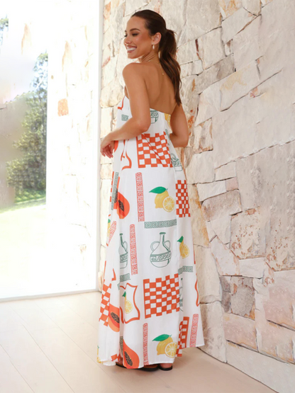 Vacation Dresses- Strapless Tunic Maxi Dress with Fruity Print for Honeymooners- - IndioGear.com