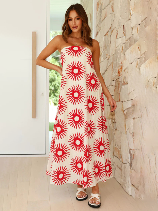 Vacation Dresses- Strapless Tunic Maxi Dress with Fruity Print for Honeymooners- - IndioGear.com