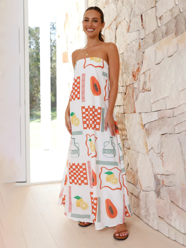 Vacation Dresses- Strapless Tunic Maxi Dress with Fruity Print for Honeymooners- White- IndioGear.com