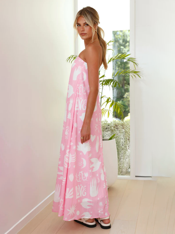 Vacation Dresses- Strapless Tunic Maxi Dress with Fruity Print for Honeymooners- - IndioGear.com