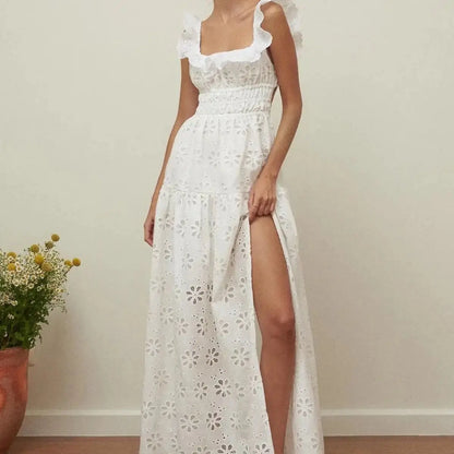 Vacation Dresses- Summer Romance Women's Fit & Flare Embroidered Midi Dress for Garden Parties- Slit Dress- IndioGear Fashion and Gear