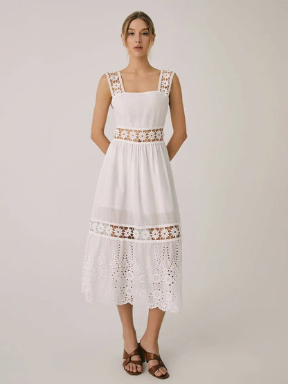 Vacation Dresses- Summer Romance Women's Fit & Flare Embroidered Midi Dress for Garden Parties- - IndioGear Fashion and Gear