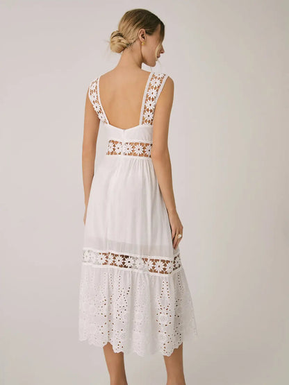 Vacation Dresses- Summer Romance Women's Fit & Flare Embroidered Midi Dress for Garden Parties- - IndioGear Fashion and Gear