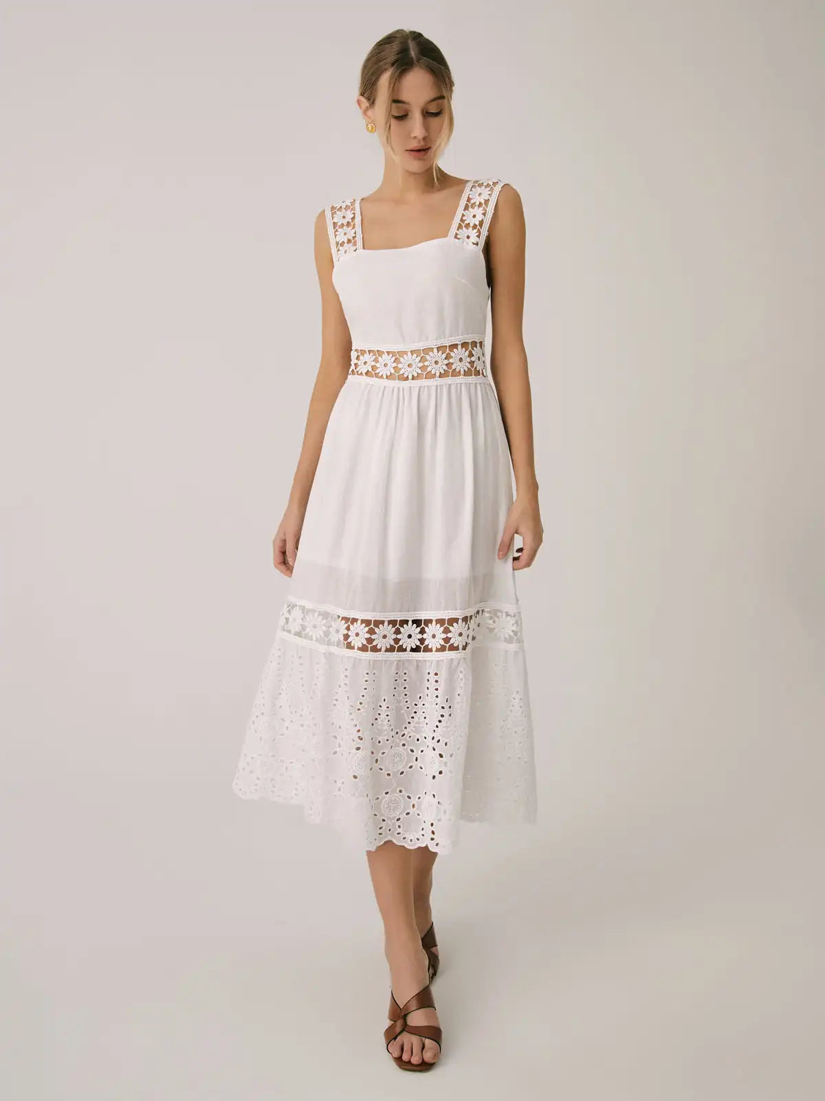 Vacation Dresses- Summer Romance Women's Fit & Flare Embroidered Midi Dress for Garden Parties- - IndioGear Fashion and Gear