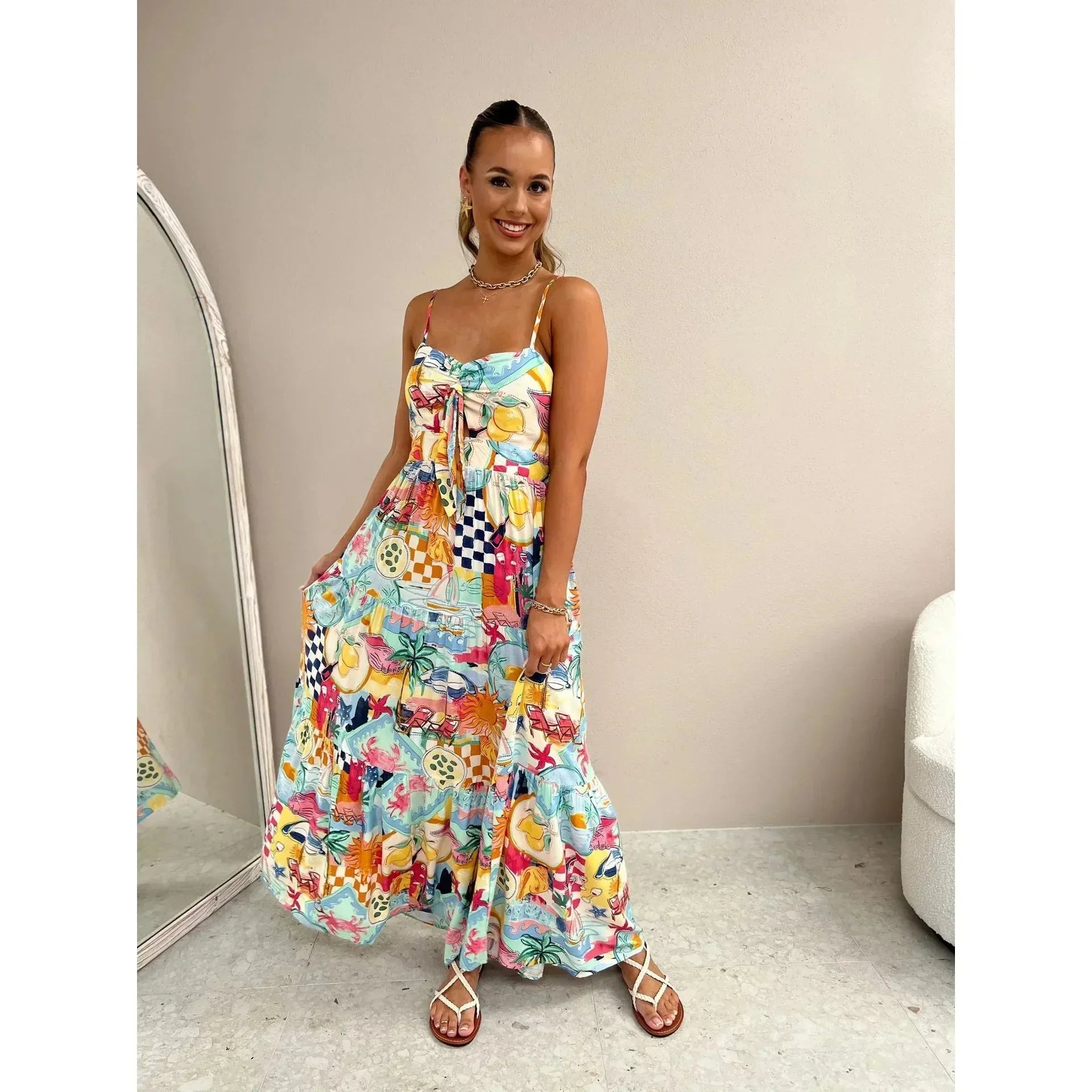 Vacation Dresses- Sunset Cruise Vibrant A-Line Midi Dress for Island Vacations- - IndioGear.com