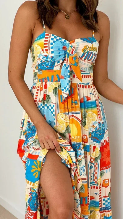 Vacation Dresses- Sunset Cruise Vibrant A-Line Midi Dress for Island Vacations- Fruity Print- IndioGear.com