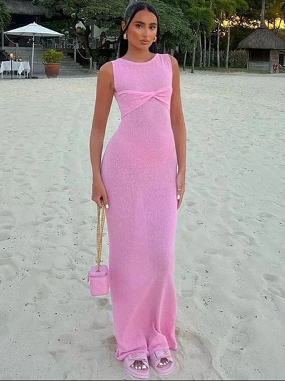 Vacation Dresses- Textured See-Through Body-Hugging Maxi Dress - Mermaid-Inspired- Pink- IndioGear Fashion and Gear