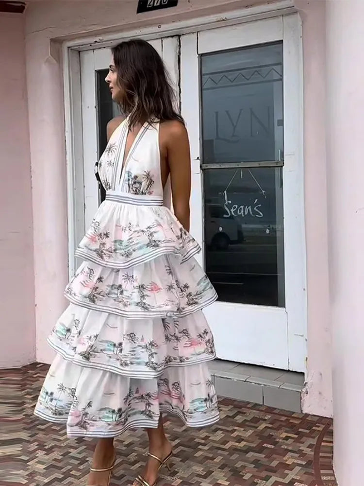 Vacation Dresses- Tiered Ruffles Backless Maxi Dress for Summer Weddings- - IndioGear.com