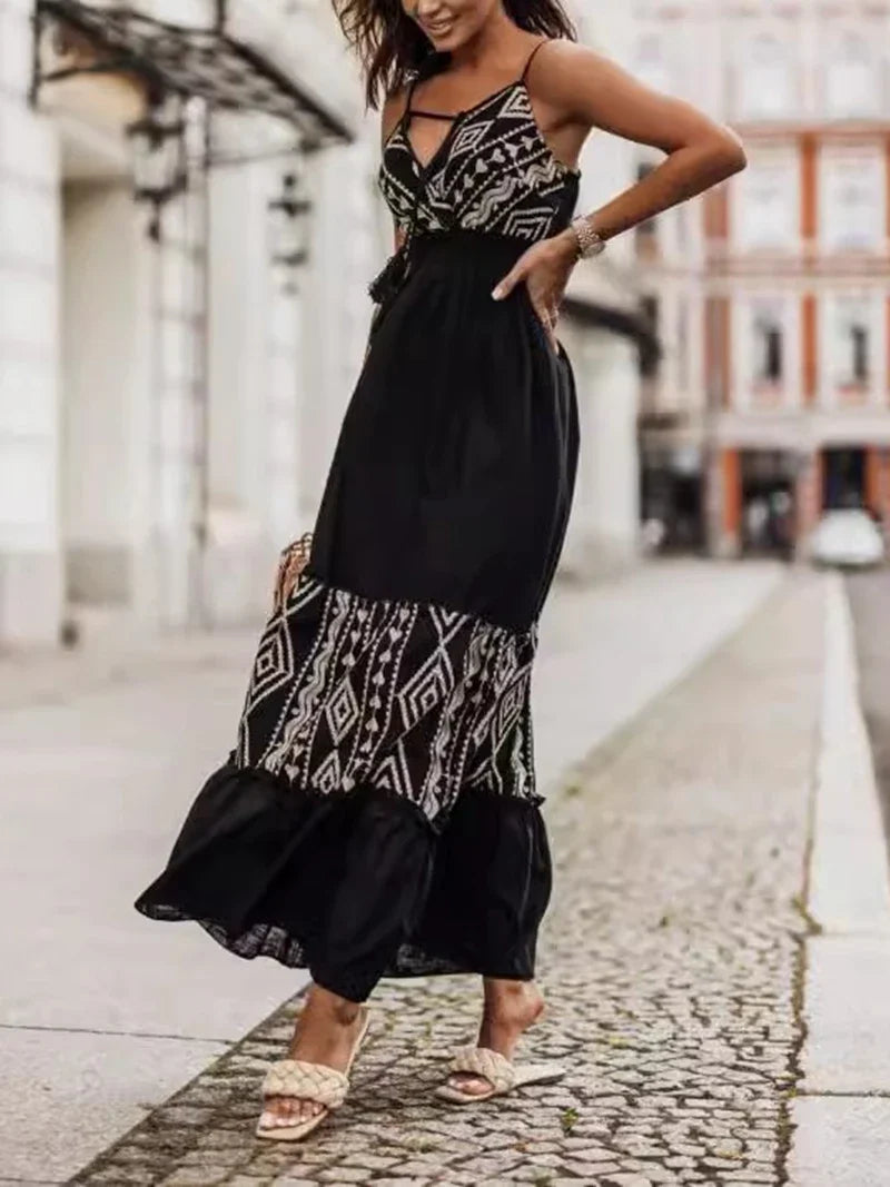 Vacation Dresses- Tribal-Inspired Embroidered Maxi Dress- - IndioGear.com