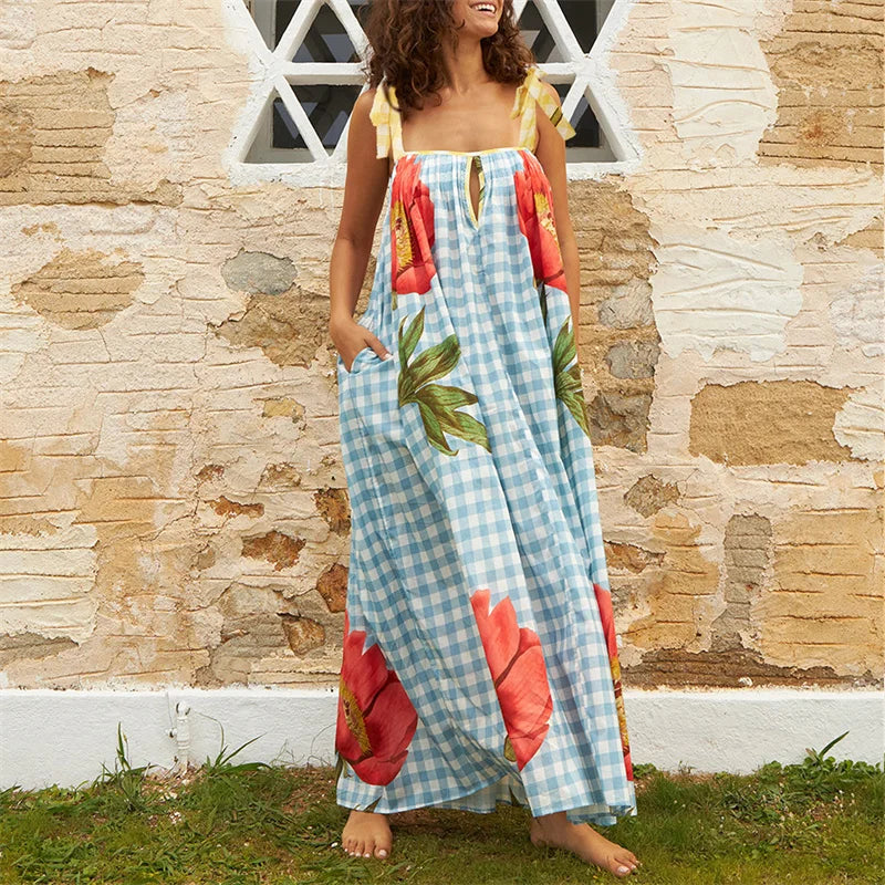 Vacation Dresses- Tulip Print Vacation Off-Shoulder Loose Maxi Dress- - IndioGear.com