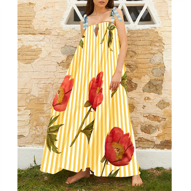 Vacation Dresses- Tulip Print Vacation Off-Shoulder Loose Maxi Dress- Yellow Stripe- IndioGear.com