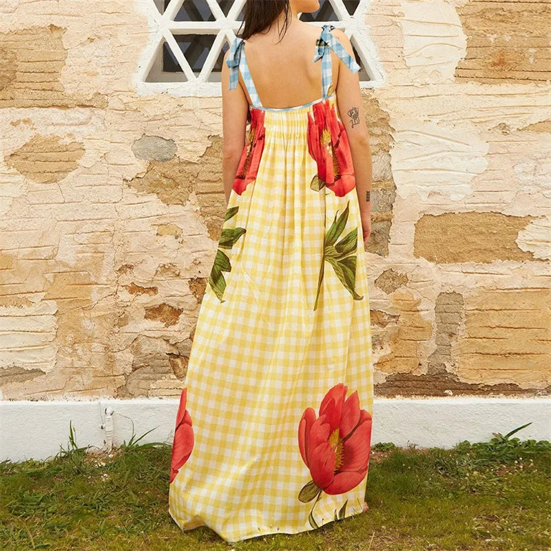 Vacation Dresses- Tulip Print Vacation Off-Shoulder Loose Maxi Dress- - IndioGear.com