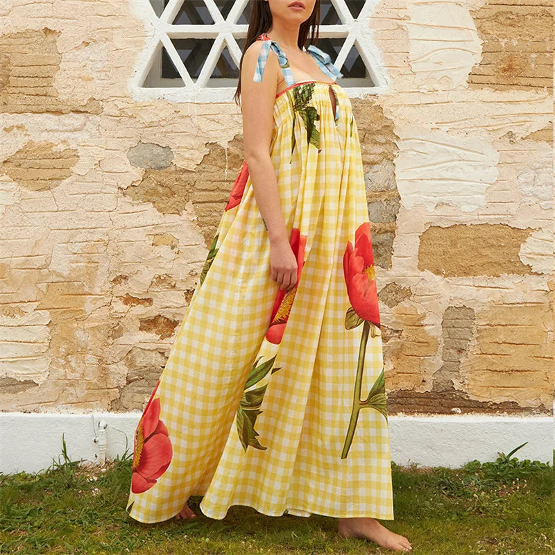 Vacation Dresses- Tulip Print Vacation Off-Shoulder Loose Maxi Dress- - IndioGear.com