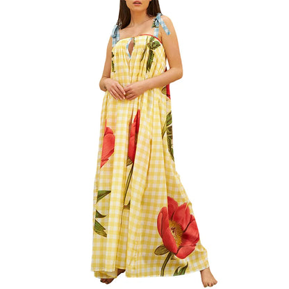 Vacation Dresses- Tulip Print Vacation Off-Shoulder Loose Maxi Dress- Yellow Plaid- IndioGear.com