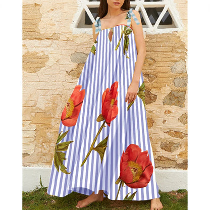 Vacation Dresses- Tulip Print Vacation Off-Shoulder Loose Maxi Dress- Blue Stripe- IndioGear.com