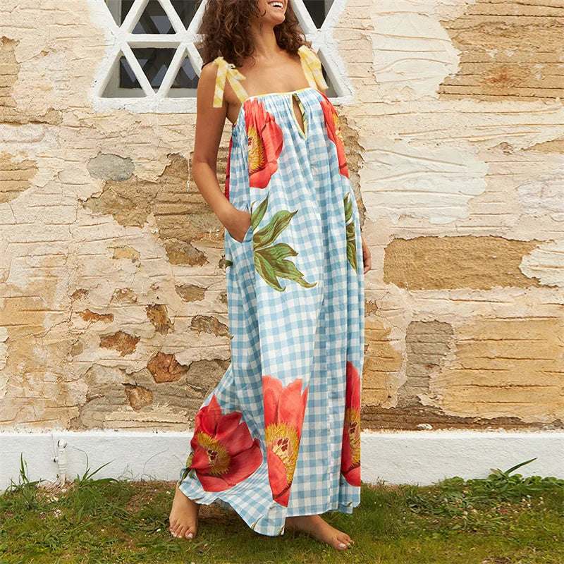 Vacation Dresses- Tulip Print Vacation Off-Shoulder Loose Maxi Dress- - IndioGear.com