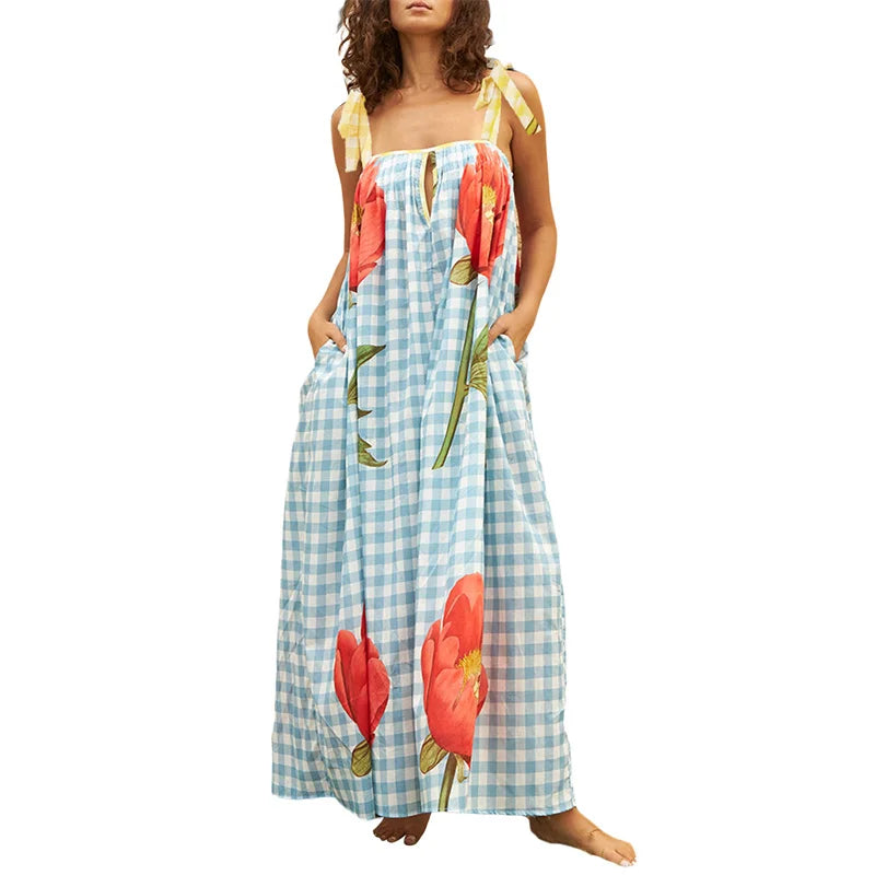 Vacation Dresses- Tulip Print Vacation Off-Shoulder Loose Maxi Dress- Sky Blue- IndioGear.com