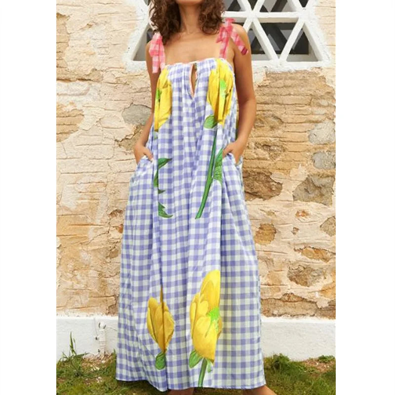 Vacation Dresses- Tulip Print Vacation Off-Shoulder Loose Maxi Dress- Blue Plaid- IndioGear.com