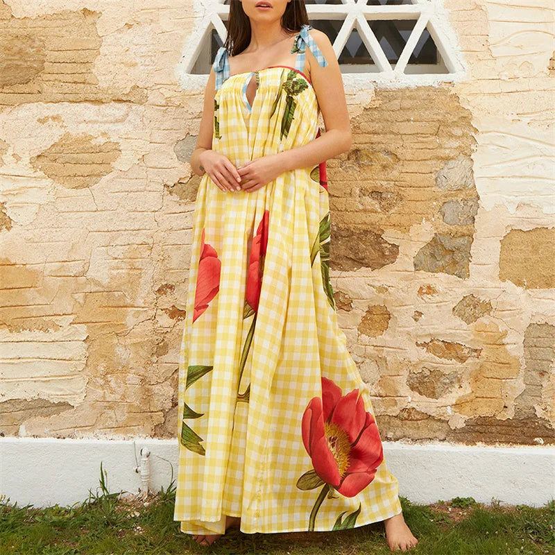 Vacation Dresses- Tulip Print Vacation Off-Shoulder Loose Maxi Dress- - IndioGear.com