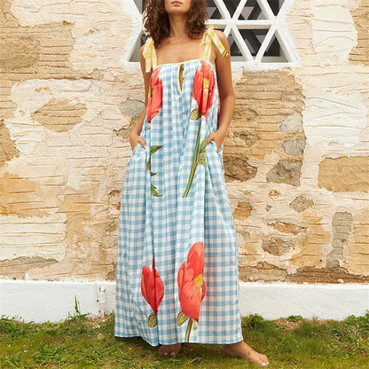 Vacation Dresses- Tulip Print Vacation Off-Shoulder Loose Maxi Dress- - IndioGear.com