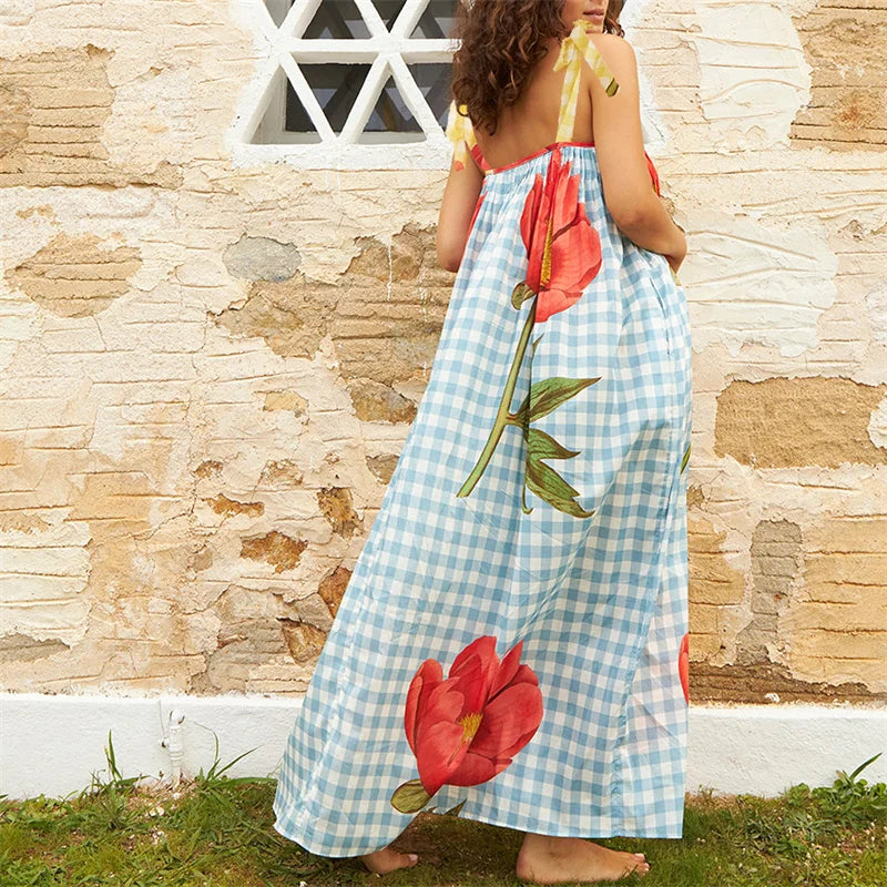 Vacation Dresses- Tulip Print Vacation Off-Shoulder Loose Maxi Dress- - IndioGear.com