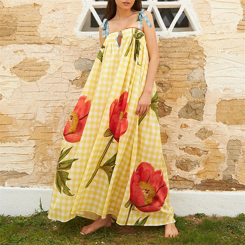 Vacation Dresses- Tulip Print Vacation Off-Shoulder Loose Maxi Dress- - IndioGear.com