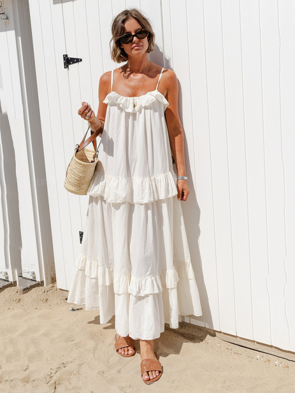 Vacation Dresses- Vacay Tent Tiered Maxi Dress- White- IndioGear.com