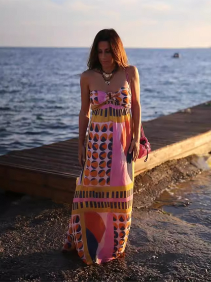 Vacation Dresses- Vibrant Boho Halter Maxi Dress for Vacays- - IndioGear.com