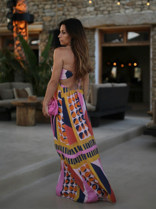 Vacation Dresses- Vibrant Boho Halter Maxi Dress for Vacays- Pink- IndioGear.com