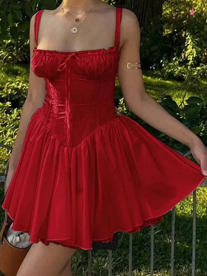 Vacation Dresses- Vintage Women's Fit & Flare Dress for Summer Cocktails in Solid Hue- Red- IndioGear Fashion and Gear