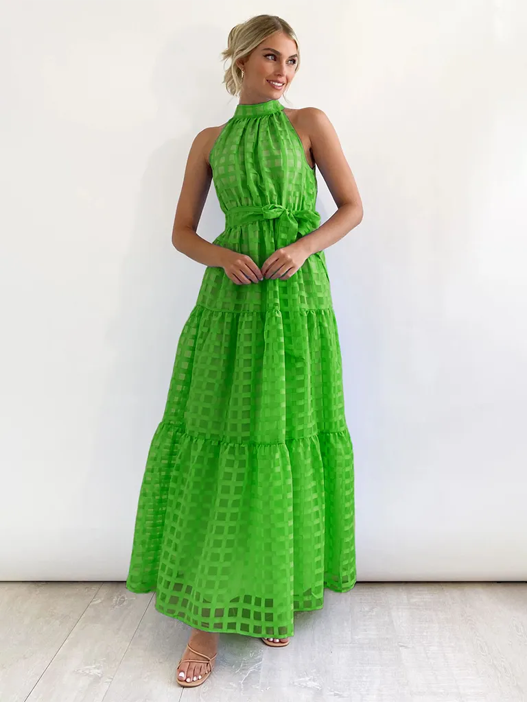 Vacation Dresses- Women Tiered Halter Maxi Dress for Your Next Holiday- Green- IndioGear.com