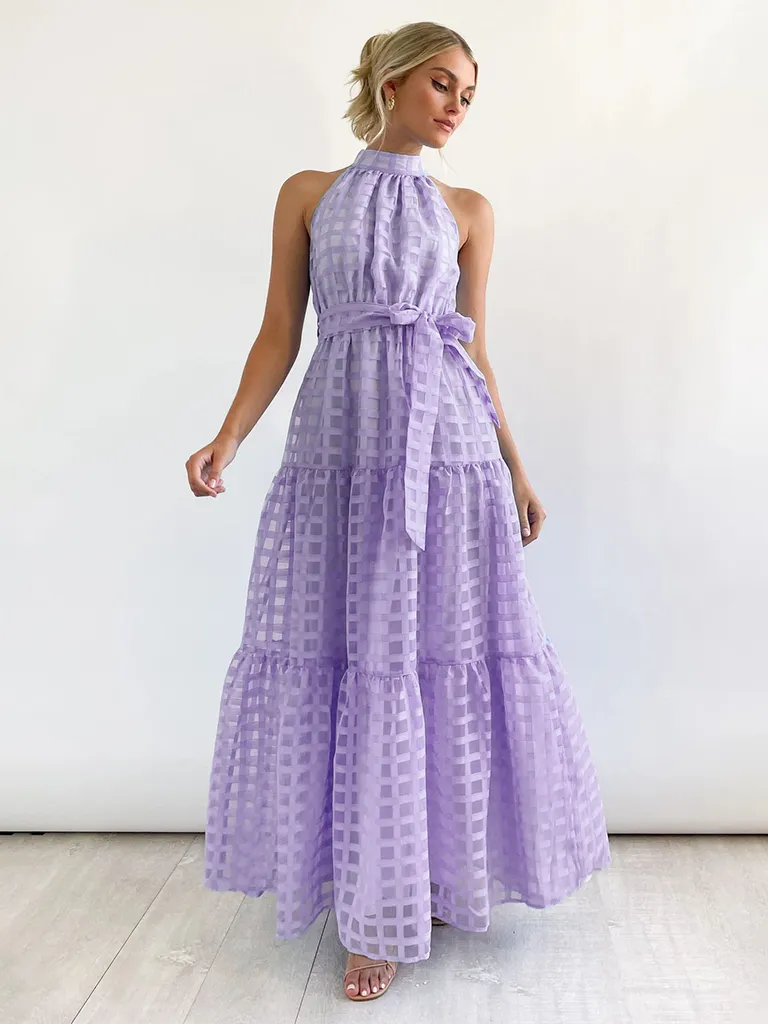 Vacation Dresses- Women Tiered Halter Maxi Dress for Your Next Holiday- Purple- IndioGear.com