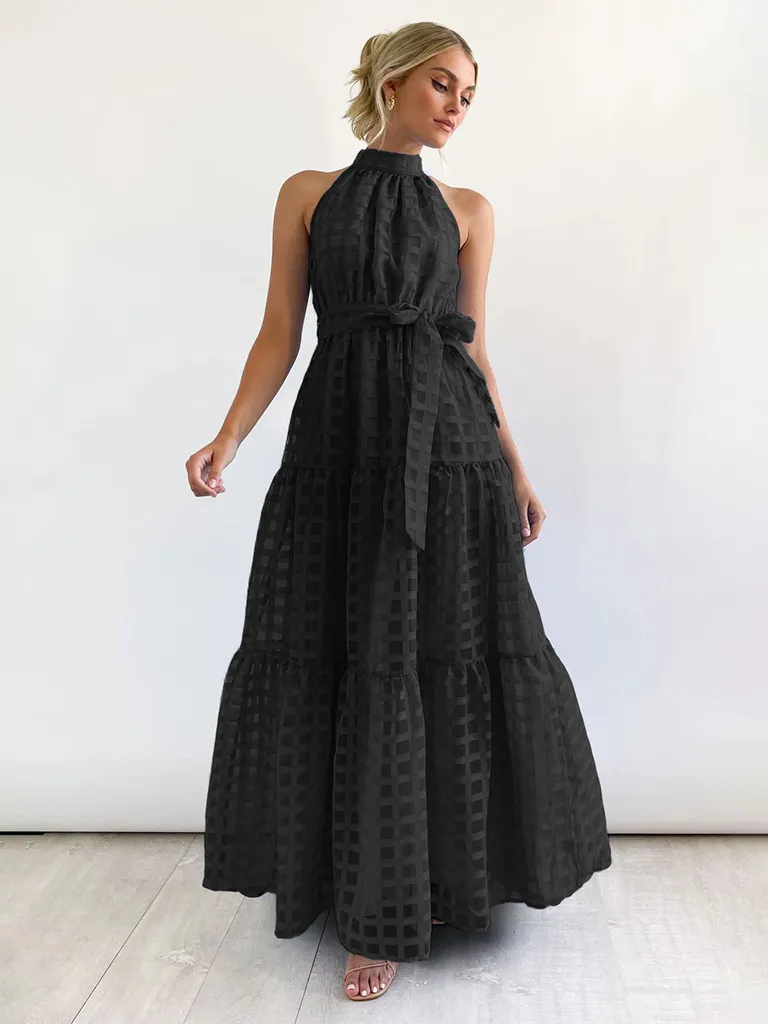 Vacation Dresses- Women Tiered Halter Maxi Dress for Your Next Holiday- Black- IndioGear.com