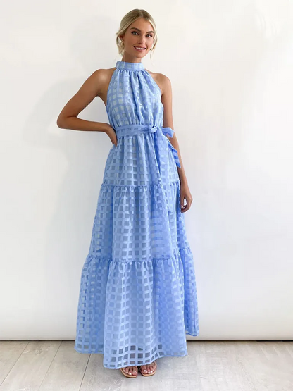 Vacation Dresses- Women Tiered Halter Maxi Dress for Your Next Holiday- Blue- IndioGear.com