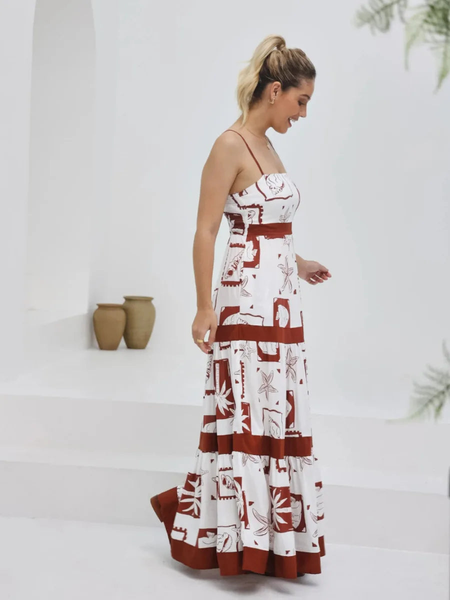 Vacation Dresses- Women Tropical Print Vacation Cami Maxi Dress- - IndioGear.com