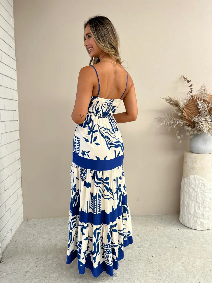 Vacation Dresses- Women Tropical Print Vacation Cami Maxi Dress- - IndioGear.com