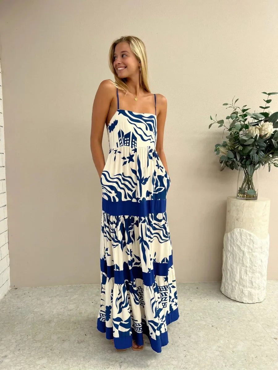 Vacation Dresses- Women Tropical Print Vacation Cami Maxi Dress- - IndioGear.com