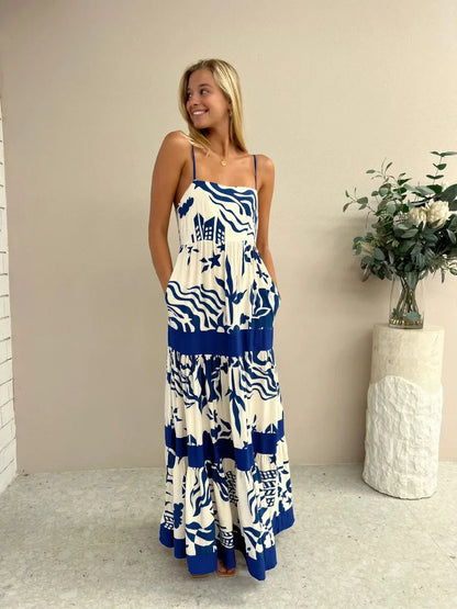 Vacation Dresses- Women Tropical Print Vacation Cami Maxi Dress- - IndioGear.com